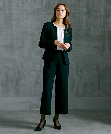 大きいサイズ レディース 喪服 礼服 洗える 防しわ ストレッチ ノーカラー ジャケット パンツ セットアップ オールシーズン 黒 4l 5l 6l ニッセン Nissen ニッセン 店