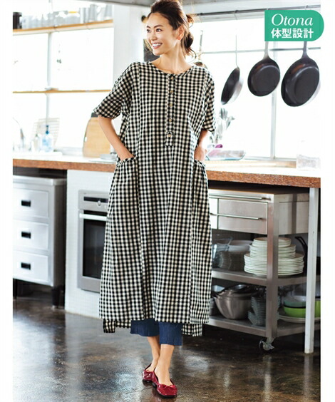 楽天市場 ワンピース ロング マキシ 大きいサイズ レディース 綿100 ゆったりシルエット ギンガムチェック ブラウン系 黒系 8lc 10lc ニッセン Nissen ニッセン 楽天市場店