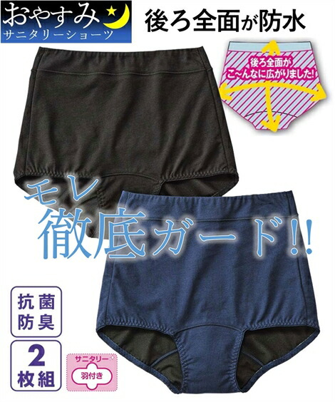 サニタリー(生理用ショーツ)|後全面防水布で多い日の夜も安心_抗菌防臭加工・むれにくい_おやすみ深ばきサニタリーショーツ2枚組(羽付ナプキン対応)_ニッセン_nissen