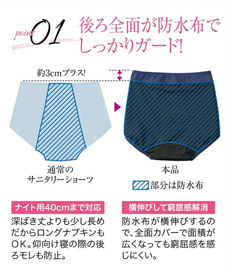 サニタリー(生理用ショーツ)|後全面防水布で多い日の夜も安心_抗菌防臭加工・むれにくい_おやすみ深ばきサニタリーショーツ2枚組(羽付ナプキン対応)_ニッセン_nissen