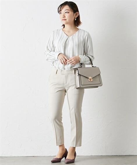 レディーススーツ 小さいサイズ すごく伸びる多機能3点セットスーツ ノーカラージャケット フレアスカート テーパードパンツ ニッセン Nissen ニッセン 店