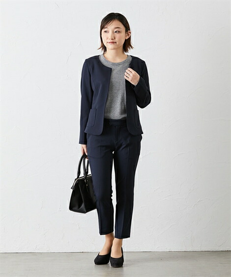 レディーススーツ 小さいサイズ すごく伸びる多機能3点セットスーツ ノーカラージャケット フレアスカート テーパードパンツ ニッセン Nissen ニッセン 店