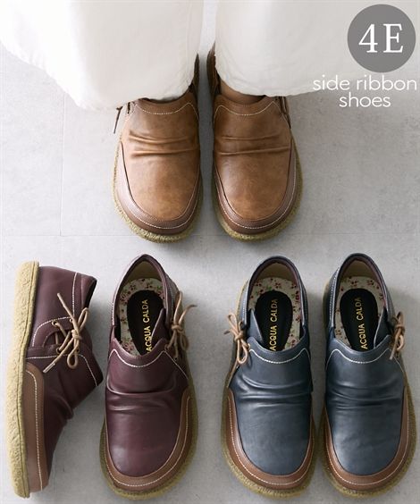 靴 大きいサイズ レディース ゆったり幅 サイドリボン シューズ 低反発中敷 ワイズ4e ネイビー ブラウン ブラウン 黒 26 0 26 5cm ニッセン Nissen 激安 超特価