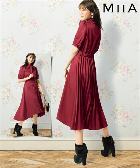 レディースファッション ワンピース ランキングや新製品 Nissen ニッセン L Ll 3l ボルドー 黒 Miia シャツ サテン プリーツ バック レディース 大きいサイズ マキシ ロング ワンピース Www Matrimonioweb Net