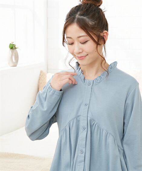 マタニティ_パジャマ・ルームウェア|【産前・産後_授乳服】綿混スムース_ギャザー切替え前開きマタニティネグリジェ_ニッセン_nissen
