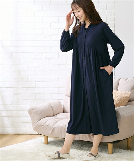 マタニティ_パジャマ・ルームウェア|【産前・産後_授乳服】綿混スムース_ギャザー切替え前開きマタニティネグリジェ_ニッセン_nissen
