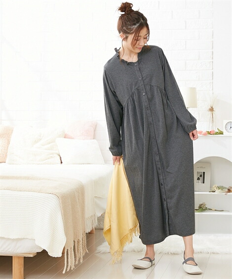 マタニティ_パジャマ・ルームウェア|【産前・産後_授乳服】綿混スムース_ギャザー切替え前開きマタニティネグリジェ_ニッセン_nissen