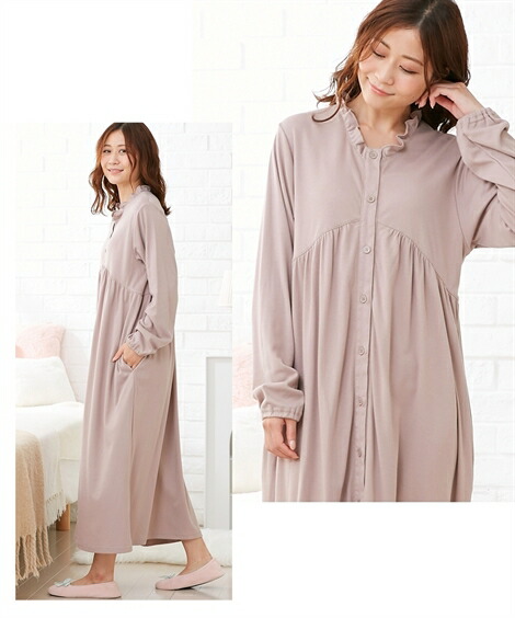 マタニティ_パジャマ・ルームウェア|【産前・産後_授乳服】綿混スムース_ギャザー切替え前開きマタニティネグリジェ_ニッセン_nissen