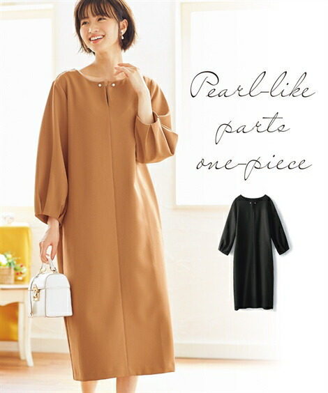 楽天市場 ワンピース 春 長袖 きれいめ ひざ丈 レディース パール調 アクセサリー付 スキッパー サック キャメル 黒 S M L Ll ニッセン Nissen ニッセン 楽天市場店