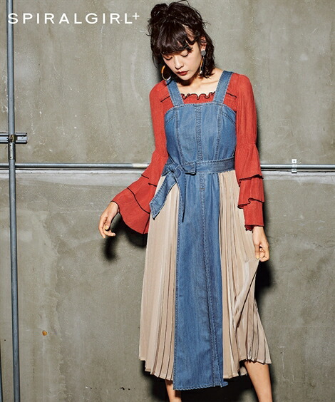 代引不可 ワンピース ロング マキシ 大きいサイズ レディース クレイジー デニム プリーツ スパイラルガール インディゴブルー ネイビー ウオッシュドブルー モカ L 10l ニッセン Nissen 無料長期保証 Advance Com Ec