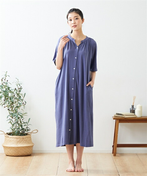 楽天市場 パジャマ トップス レディース 綿混 前開き 5分袖 ロング ルーム ワンピース カーキ チャコール ネイビー ラベンダー M L ニッセン Nissen ニッセン 楽天市場店