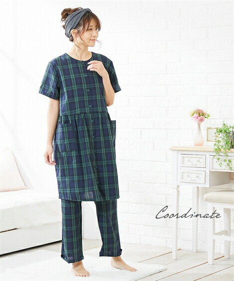マタニティ_パジャマ・ルームウェア|【産前・産後_授乳服】先染めチェック柄前開きギャザー切替え_マタニティ半袖パジャマ_ニッセン_nissen
