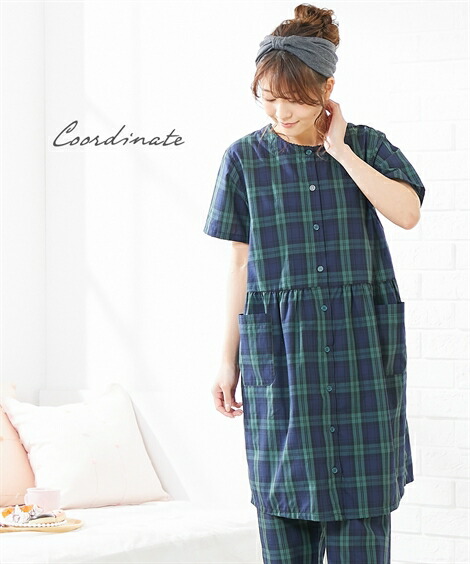 マタニティ_パジャマ・ルームウェア|【産前・産後_授乳服】先染めチェック柄前開きギャザー切替え_マタニティ半袖パジャマ_ニッセン_nissen