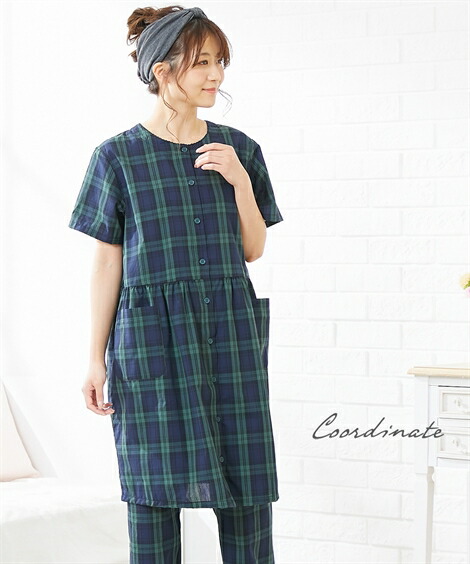 マタニティ_パジャマ・ルームウェア|【産前・産後_授乳服】先染めチェック柄前開きギャザー切替え_マタニティ半袖パジャマ_ニッセン_nissen