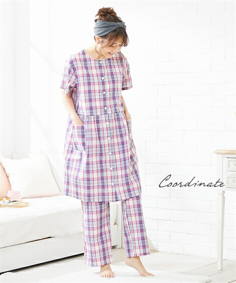 マタニティ_パジャマ・ルームウェア|【産前・産後_授乳服】先染めチェック柄前開きギャザー切替え_マタニティ半袖パジャマ_ニッセン_nissen