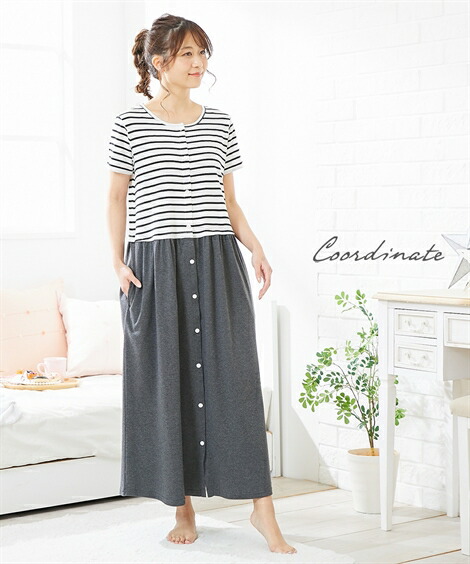 マタニティ_パジャマ・ルームウェア|【産前・産後_授乳服】ボーダー切替え前開きマキシ丈マタニティネグリジェ_ニッセン_nissen