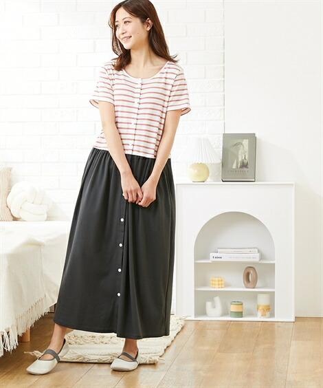 マタニティ_パジャマ・ルームウェア|【産前・産後_授乳服】ボーダー切替え前開きマキシ丈マタニティネグリジェ_ニッセン_nissen