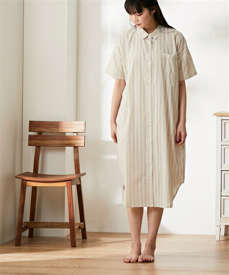 楽天市場 パジャマ トップス レディース 綿100 サッカー ストライプ ゆるっと 5分袖 シャツ ワンピース ブルー系 ベージュ系 Ll 3l ニッセン Nissen ニッセン 楽天市場店