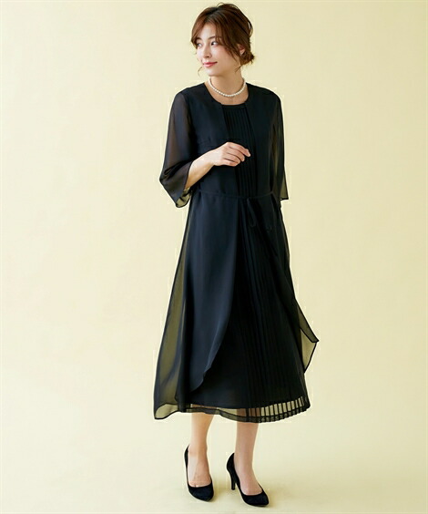 喪服 トールサイズ スーツ セットアップ 黒 Ll フォーマル 3l レディース ワンピース 共布ベルト付 前開き 洗える 前開き フロント プリーツ使い 接触冷感 裏地付 夏 黒 Ll 3l ニッセン Nissen ニッセン 店