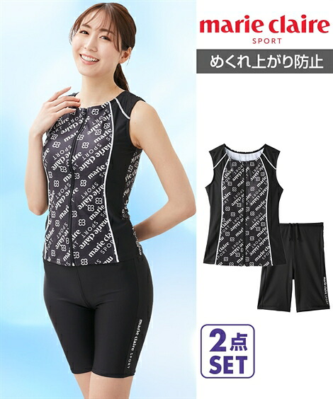 marie claire SPORT 水着 フィットネス 競泳 大きいサイズ レディース 全開ジップ ノースリーブ タンキニ 2点セット 水泳 トレーニング 運動 ジム ネイビー/ブラック M/L/LL/3L ニッセン nissen
