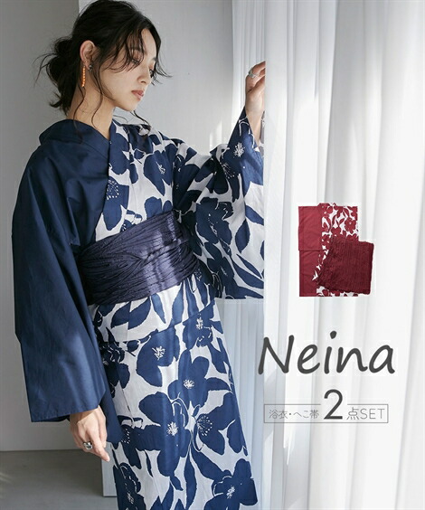 【最大10%OFF SALE!7/27 10:59まで】浴衣 レディース アシメ デザイン ゆかたセット ゆかた+へこ帯 〔Neina〕 ゆかた 大人 花火大会 和装 赤系 ニッセン nissen|ニッセン 店