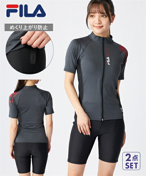 【店内全品対象★25%OFFクーポン配布中★先着800名限定 4/14 20時開始】FILA 水着 フィットネス 競泳 大きいサイズ レディース 袖ロゴ入りZIPセパレート 315-602 615-602-0 春 夏 秋 冬 水泳 トレーニング 運動 ジム 杢グレー/杢ネイビー/杢ブラック 9～19号 ニッセン nissen