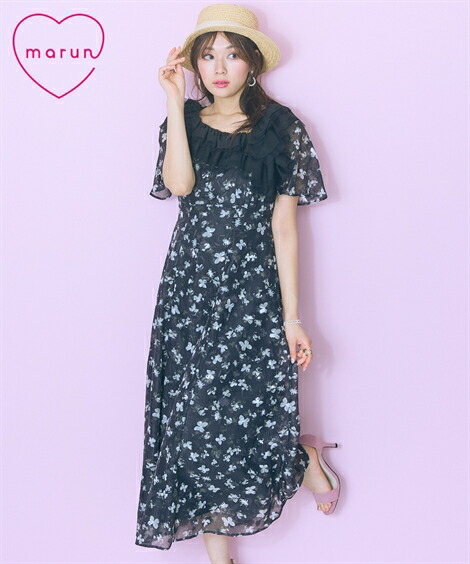 ワンピース ロング マキシ レディース 衿元チュールドッキング marun 夏 ひざ下 ホワイト 蝶柄 /黒 蝶柄 | L～10L | ニッセン nissen｜ニッセン　店