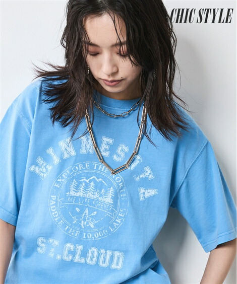 Tシャツ カットソー レディース 綿100％ ピグメント染ロゴTシャツ 有 シックス タイル 夏 秋 サックス/モカ | M～10L | ニッセン nissen