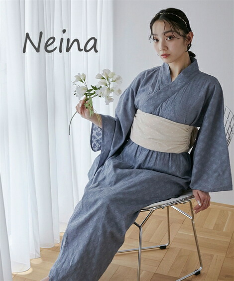 浴衣 レディース 1人で着られるカットジャカード ワンピース セット 上衣+ +作り帯 〔Neina〕 春 夏 秋 冬 ゆかた 大人 花火大会 和装 ブルー×アイボリー | M/L | ニッセン nissen