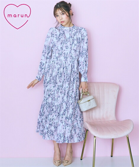 【店内全品★送料無料!7/27 AM11:00まで】ワンピース ロング マキシ レディース フラワー プリント プリーツ デザイン 長袖 marun ひざ下 グレー系/パープル系/ブルー系 | L~10L | ニッセン nissen|ニッセン 店
