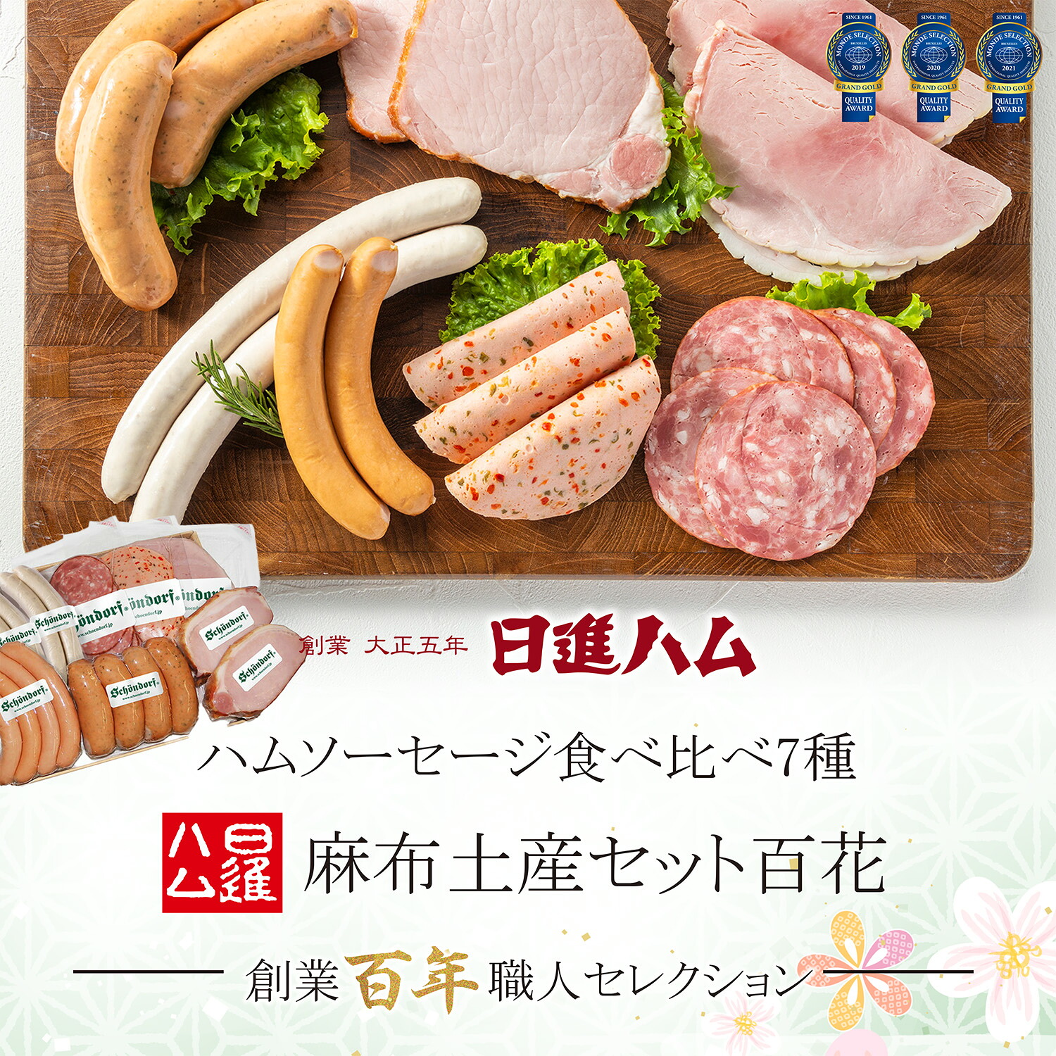 ハム ギフト 送料無料 詰め合わせ ハム ギフト おすすめ 高級ハム 日進ハム 内祝い 御祝い 御礼 誕生日プレゼント 「東京麻布 ホワイトハムバラエティ7種食べ比べ 麻布土産セット百花」クーポン メッセージカード｜日進ハム 公式
