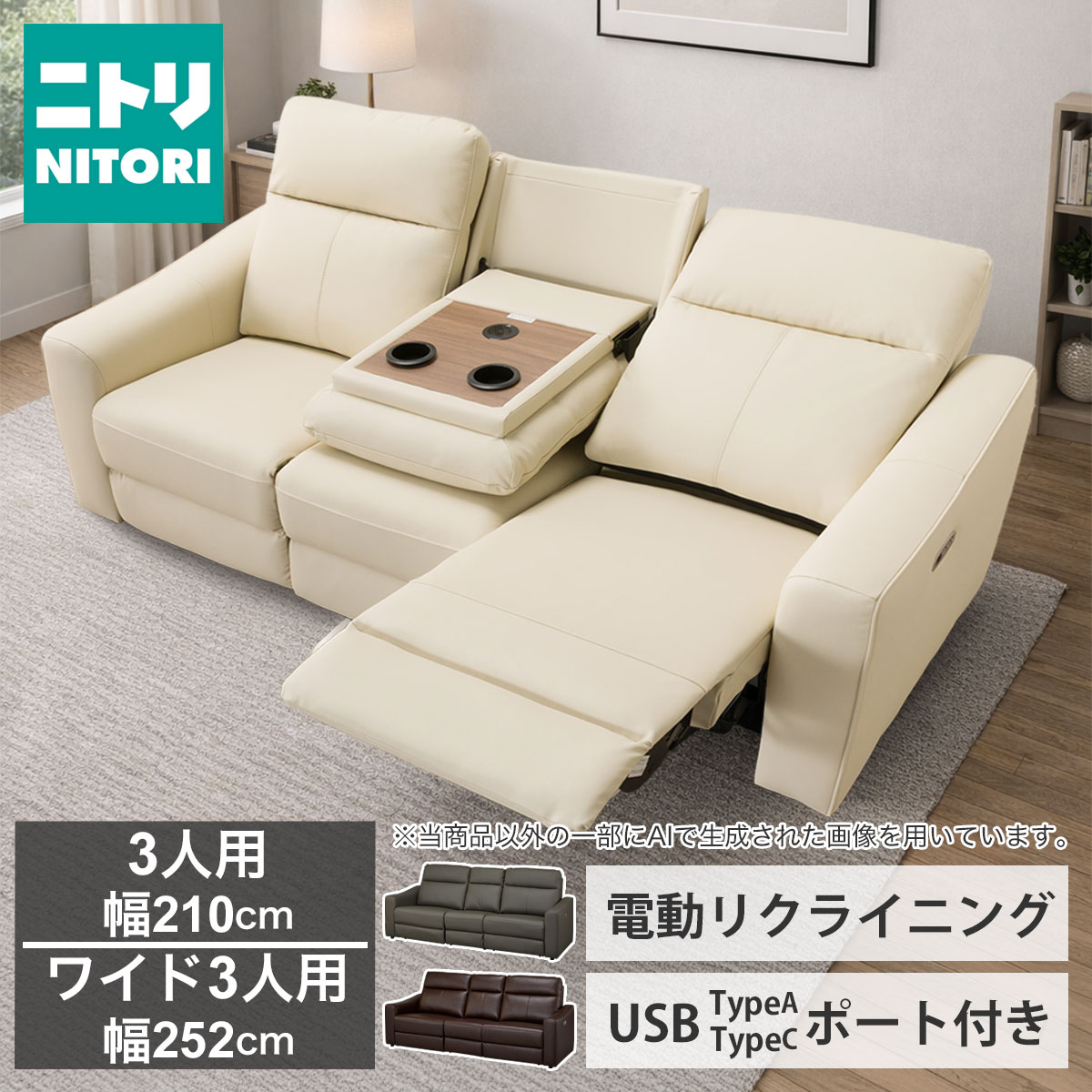 電動リクライニング長いす(UM04  速見表付き添い人アームレスソファ WT) 【送りとどける員据え付ける商いもの】 ニトリ