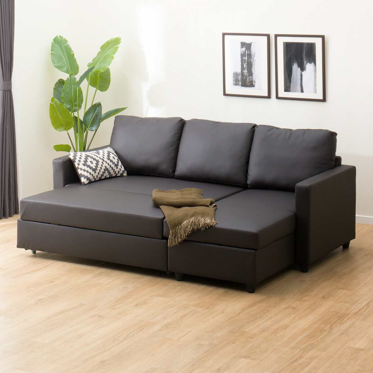 傷・汚れに強い合成皮革 カウチソファベッド (Nシールド ノアーク2 DBR