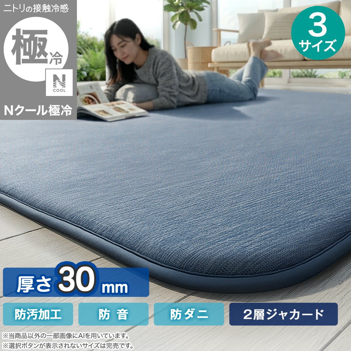 極厚30mmウレタン入り 接触冷感ラグ ジャカード(Nクール極冷 ブルー Q03)　【玄関先迄納品】 ニトリ