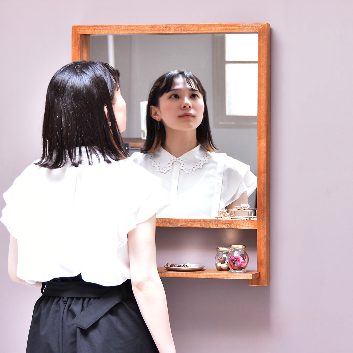 【SS制限事項●エントリーで尖んがり5倍】生まれながら木アンティーク調 ウォール銀鏡（棚付き添い人） ニトリ 【製造会社直送・貨物輸送無料】