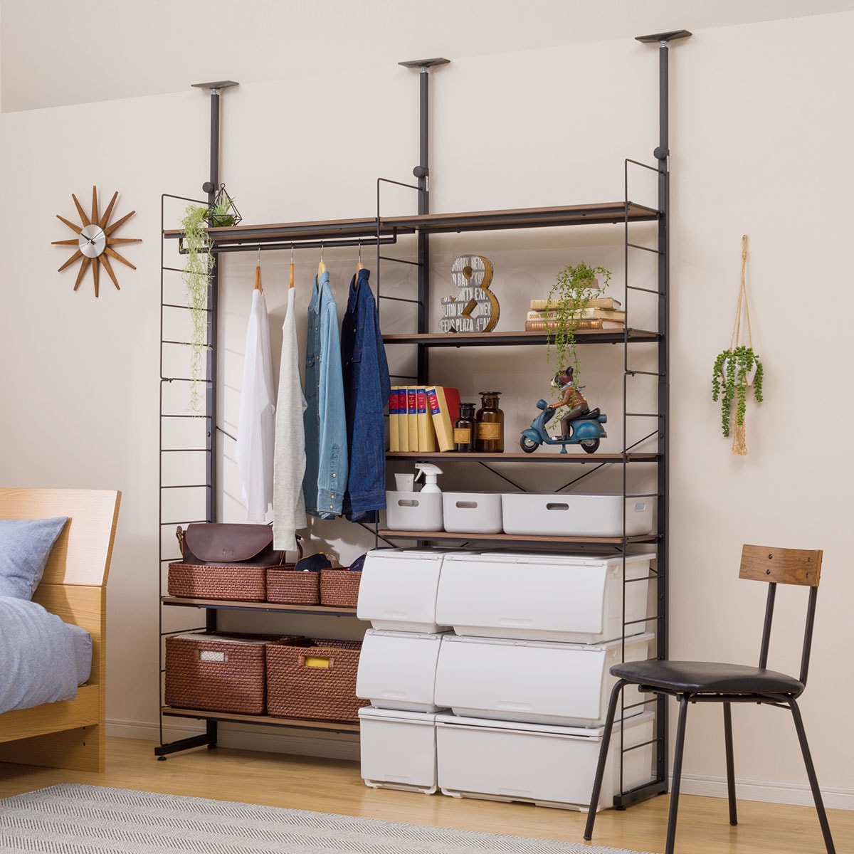 楽天市場 幅177cm 突っ張りワイヤーシェルフnポルダ ワードローブセット ミドルブラウン ニトリ 玄関先迄納品 1年保証 ニトリ