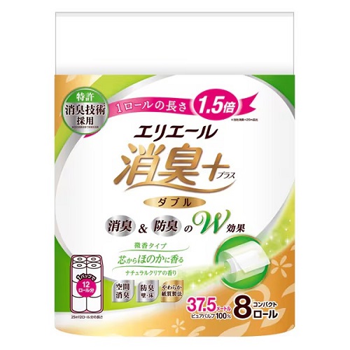 【単品12個】大王製紙 エリエール 消臭+トイレットティシュ ナチュラルクリアの香り 消臭 8R ダブル 12個 トイレットペーパー 8ロール トイレ 消耗品 ギフト 大容量 買い置き まとめ買い 雑貨 備蓄 防災 日用品雑貨 日用品 送料無料 レビュー特典付き