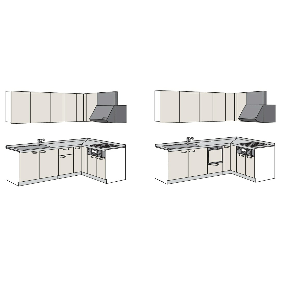 システムキッチン 開口240×165cm ハウステック L型 ガスコンロ 壁付け 収納カウンター 奥行65cm キッチンリフォーム ガスコンロ 開き扉タイプ 扉B 吊戸棚 ワークトップ キャビネット 一戸建て 水栓 レンジフード シンク 照明付き 内装工事 送料込み カタログP89