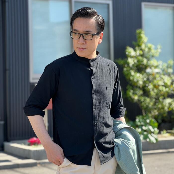 【楽天市場】スタンドカラー7分袖シャツ（ブラック） 黒 春夏 クレープ地 涼しい 軽い シワになりにくい サラサラ 涼しい 40代 50代
