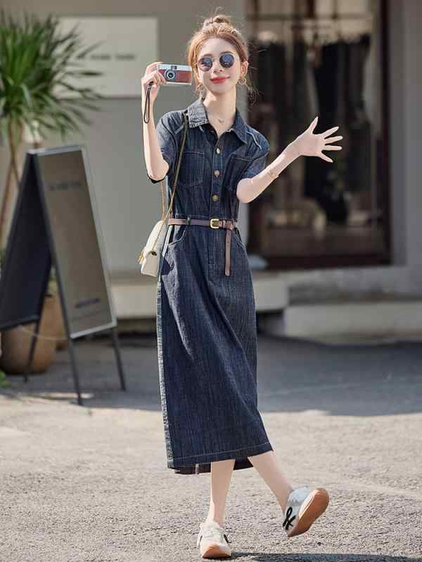ワンピース 女性用 デニム 夏 収腰 スリム効果 小柄向け ミドル丈 カジュアル ストレッチ 普段使い 軽量 コットン混 ブルー系