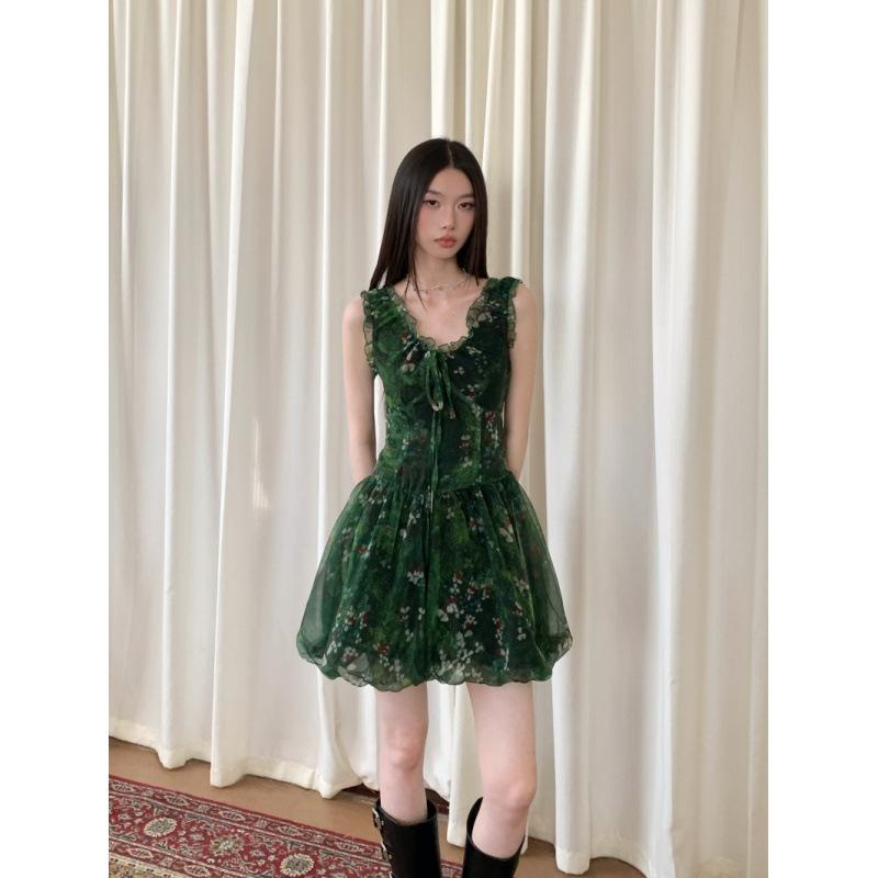 ワンピース レディース 森ガール 深緑 シフォン フリル フレアスカート ガーリー フェミニン ナチュラル 軽やか 春夏 吸湿速乾 伸縮性 日常使い