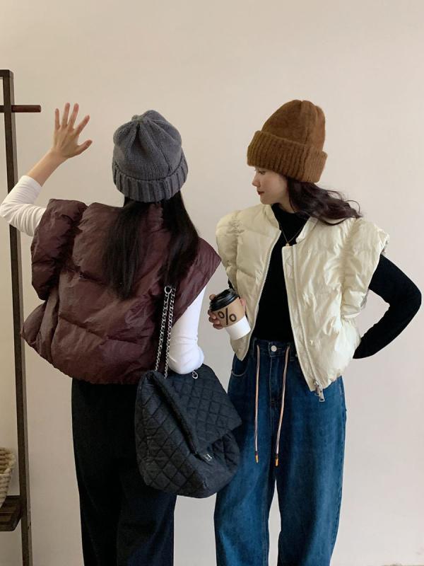 女性用 ダウン ベスト 秋冬 ショート丈 軽量 保温 ペティート 日系 スタイル ノースリーブ ジャケット コート トップス
