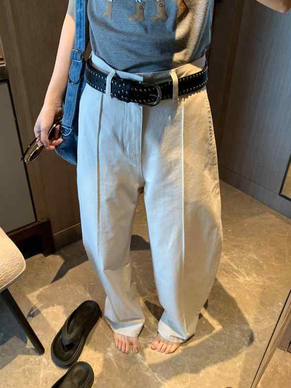 レディース デニムパンツ ハイウエスト ワイドレッグ ゆったり 麻綿混紡 立体カット ハリ感 カジュアル ボトムス 普段使い 軽量 リラックスフィット