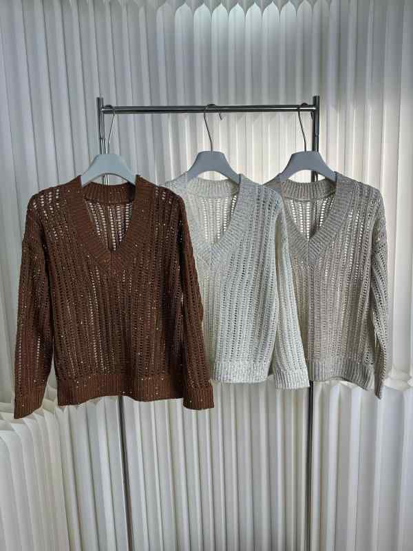 ニット トップス レディース 春夏 Vネック リブ スパンコール 透け メッシュ 長袖 カジュアル ファッション ストレッチ 軽量 デイリー 使い