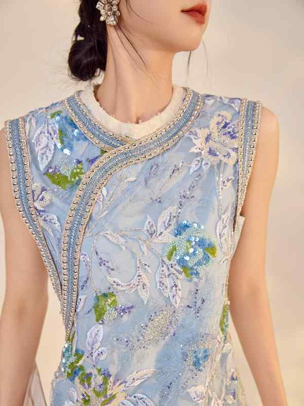 レディース チャイナドレス 夏用 刺繍 スパンコール 切り替え ワンピース 中国風 ファッション 高級感 軽量 伸縮性