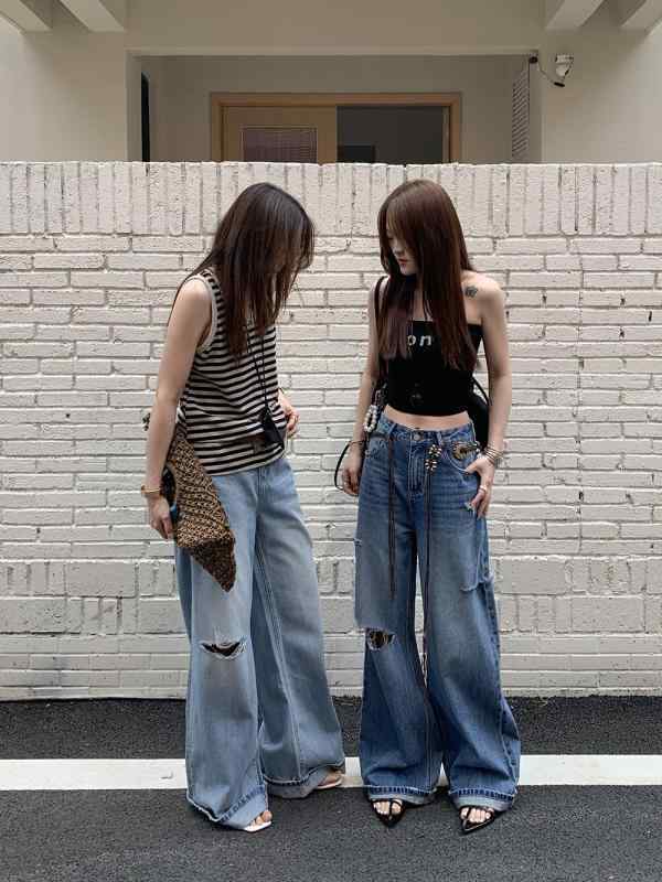 パンツ レディース デニム ワイドレッグ 破れ加工 ストレート ゆったり ロールアップ ロング丈 カジュアル 普段使い 伸縮性
