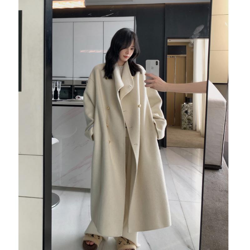 コート レディース 冬用 ロング丈 スタンドカラー グレー ダブルフェイス カシミヤ 厚手 暖か スリム アウター ウール 混 保温 スタイリッシュ シルエット