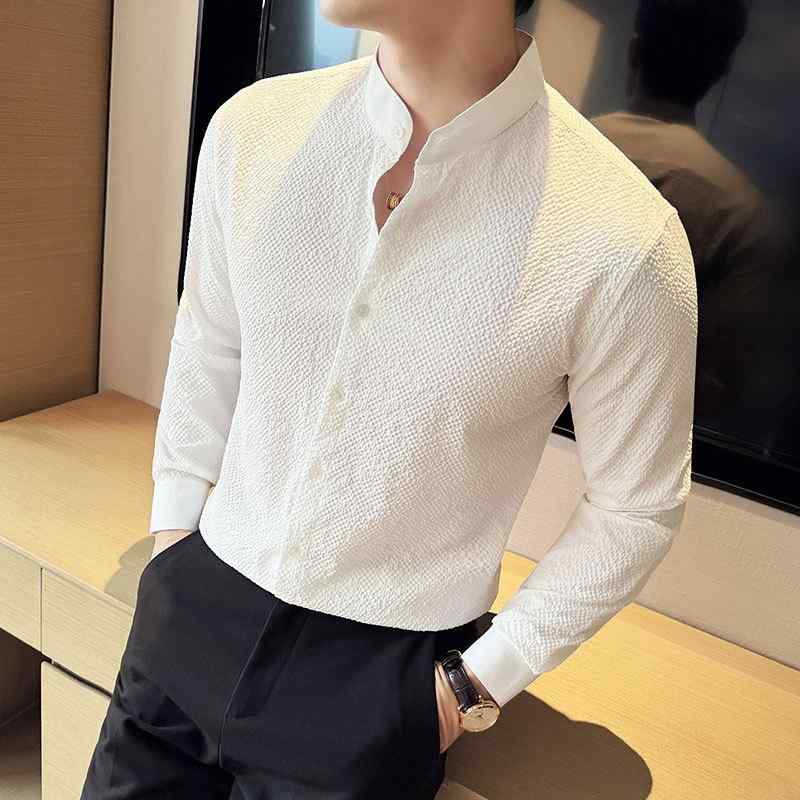 シャツ メンズ 薄手 長袖 中華風 スタンドカラー ボイル 伸縮性 軽量 カジュアル トップス エスニック スタイル