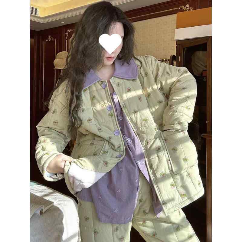 秋冬 レディース 厚手 パジャマ セット コーラルベルベット 小花柄 保温 ルームウェア 柔らかい 綿入れ 暖か 部屋着