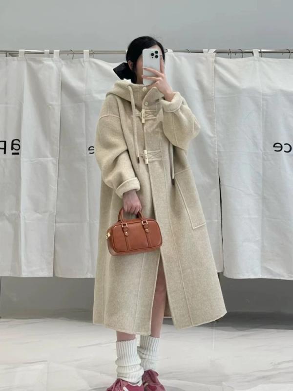レディース 秋冬 コート プレッピースタイル フード付き 牛角ボタン ダブルフェイス 羊毛 カシミア 小柄対応 ミドルロング ウールツイード アウター 暖か 軽量 高級感